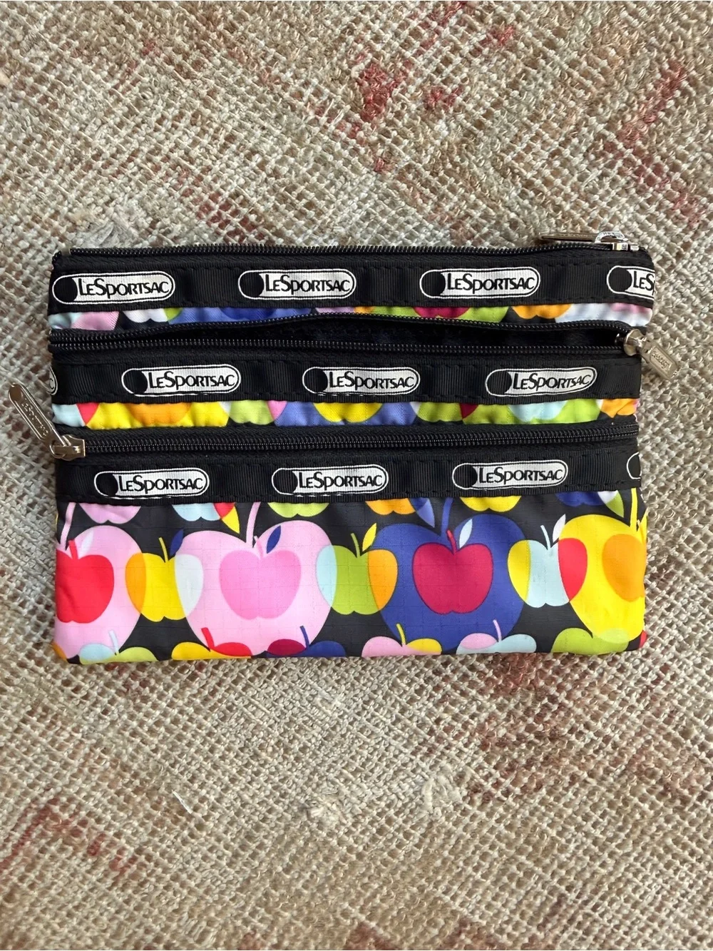 LeSportsac Black Multicolor Apple Triple-Zip Pouch
